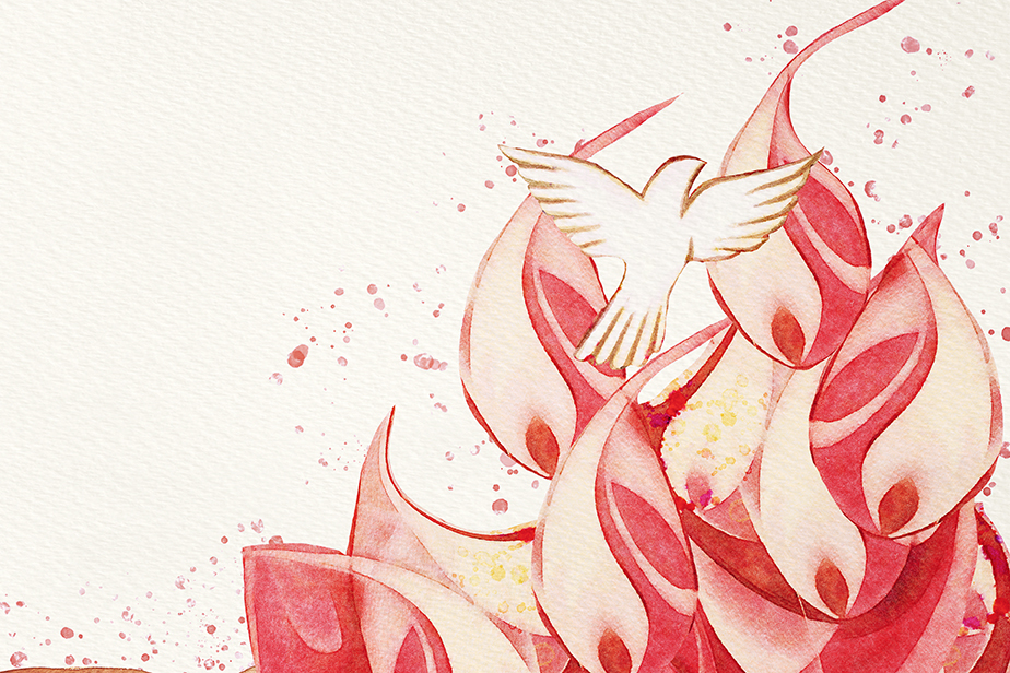 Piirroskuvassa punaisia liekkejä ja kyyhkynen kohoamassa kohti taivasta. Kyyhkynen on Pyhän Hengen symboli.